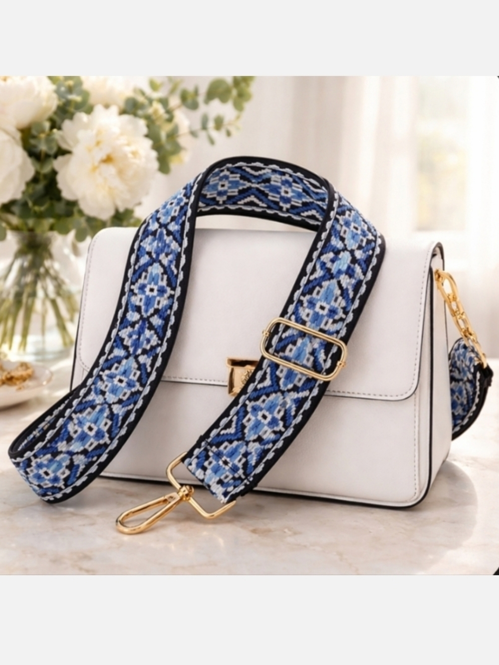 Handbag Strap Geometric Blue and Black Adjustable Guitar Bag Strap NWOT